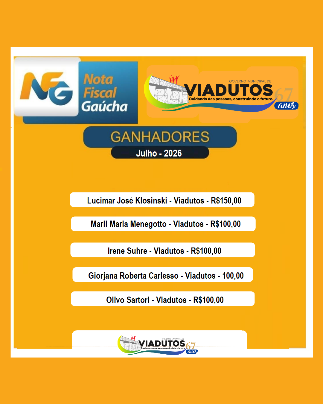Imagem da Noticia: Ganhadores da Nota Fiscal do Mês de Julho
