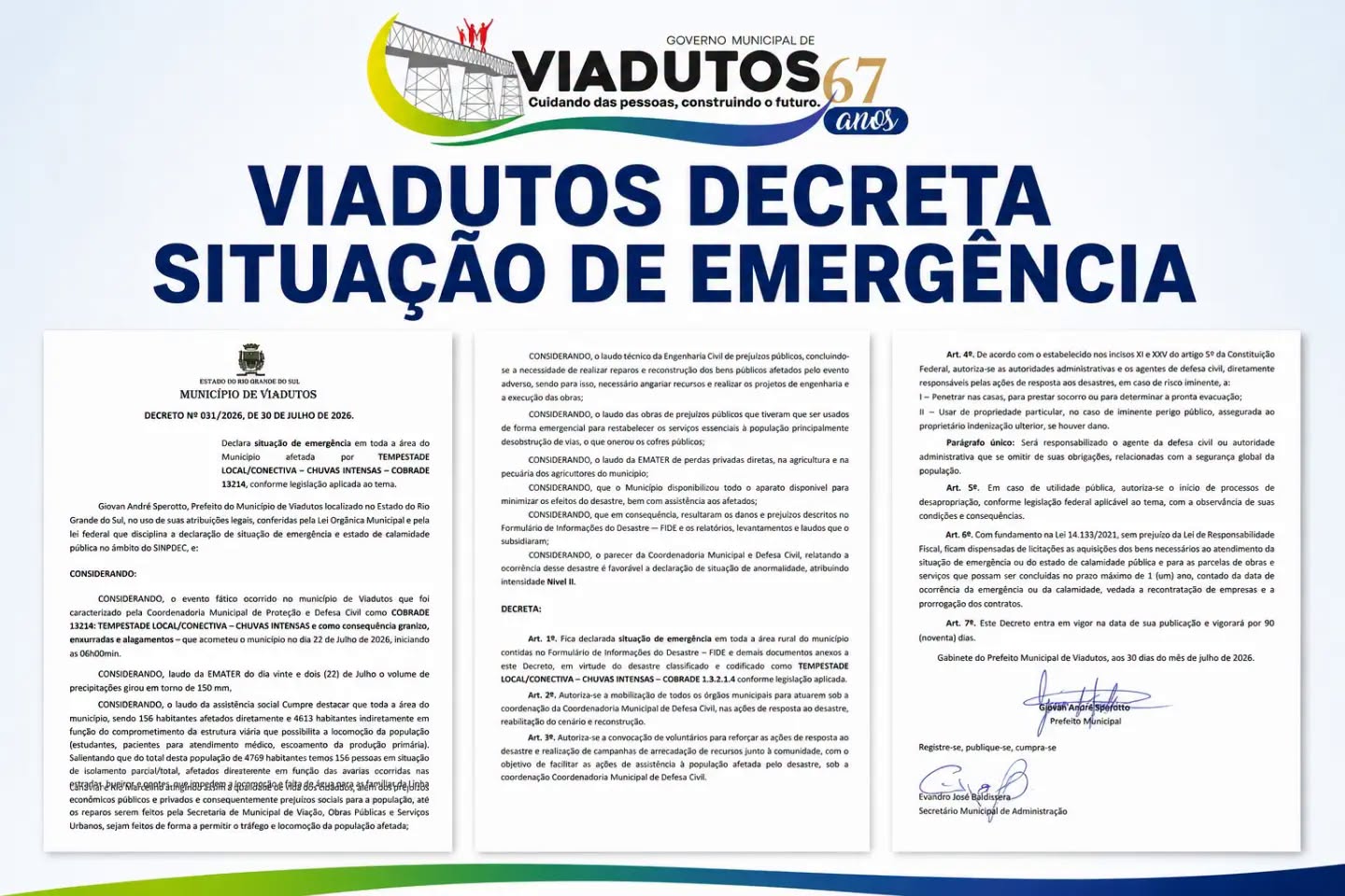 Imagem da Noticia: Viadutos decreta Situação de Emergência após fortes chuvas!